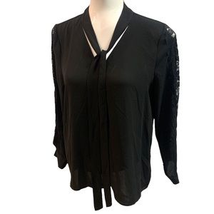 Sheer black long sleeve blouse lace detail with lavallière bowtie
